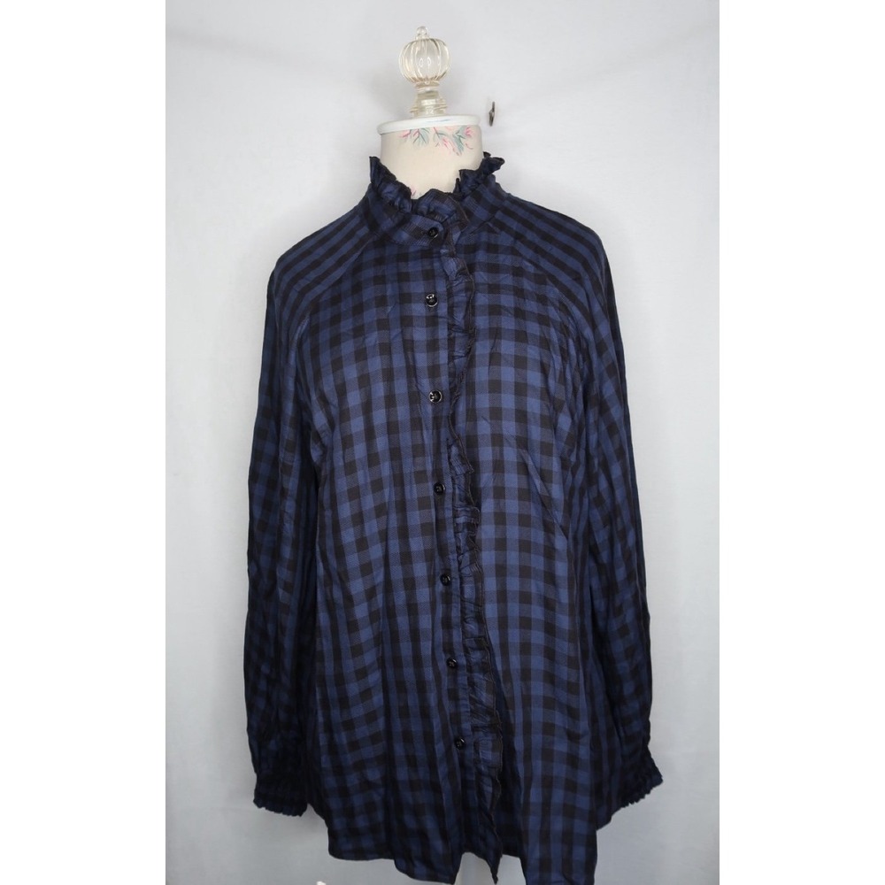 Cabi Buffalo Plaid Ruffle Blouse Women's Sz S Navy Blue Black Button Front Top